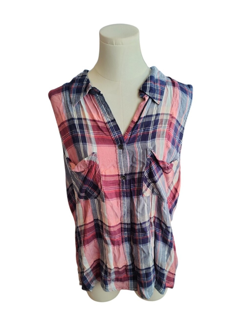 Rock & Republic Red and Blue Plaid Western Sleeveless Buttondown Blouse Size XL
